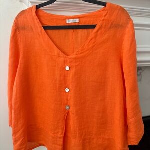 Orange Linen Button-Up Top
